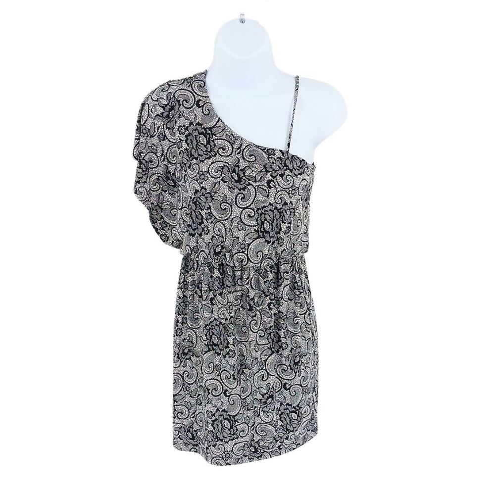 Sweet Storm Black & White Abstract Floral Paisley Print One Shoulder Mini Dress
